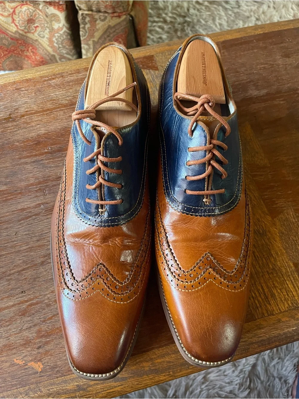 Two-Tone Brown and Navy Wingtip Derby Shoes, pristine condition size12